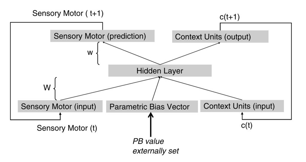 KAPITOLA 3. POUšITÉ MODELY 12 Obr. 3.1: Ukáºka RNNPB systému v generovacom móde. Na vstup prichádza parametrický bias vektor a pomocou neho sa vypo ítavajú senzorické a motorické re azce.