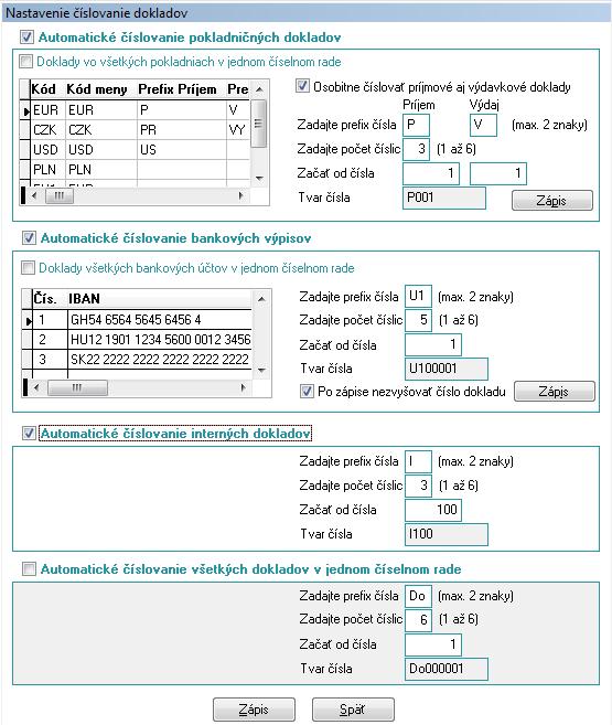 Po výbere program otvorí okno s nastavením: Popis nastavení: Automatické číslovanie pokladničných dokladov základný parameter pre nastavenie