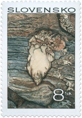 Napíš jej úplný trojslovný názov.......... 2. V roku 1997 boli vydané prvé slovenské poštové známky s tematikou jaskýň s hodnotami 6 a 8 slovenských korún.