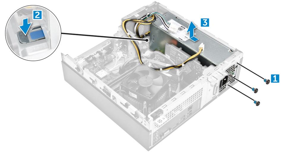 Montáž napájacej jednotky (PSU) 1 Posúvajte PSU smerom k zadnej časti počítača, kým nenaskočí na svoje miesto.