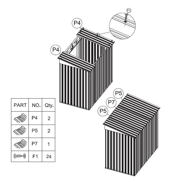 11. Zarovnajte dosky a upevnite ich skrutkami (F1). Strešné panely P4, P5 a P7 dotiahnite tak, ako je to znázornené na nasledujúcom obrázku.