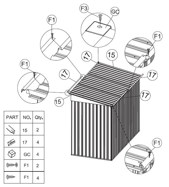 12. Namontujte strešné panely 15 (bočné) a 17 (predné + zadné), ako je znázornené na vonkajších okrajoch strešných panelov.