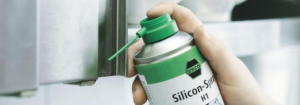 Silikónový sprej RECA arecal H1 Obsahuje koncentrované, vysokokvalitné silikónové oleje Ako mazivo na premazávanie v etkých pohyblivých astí strojov, najmä v oblasti výroby plastov, pri výrobe