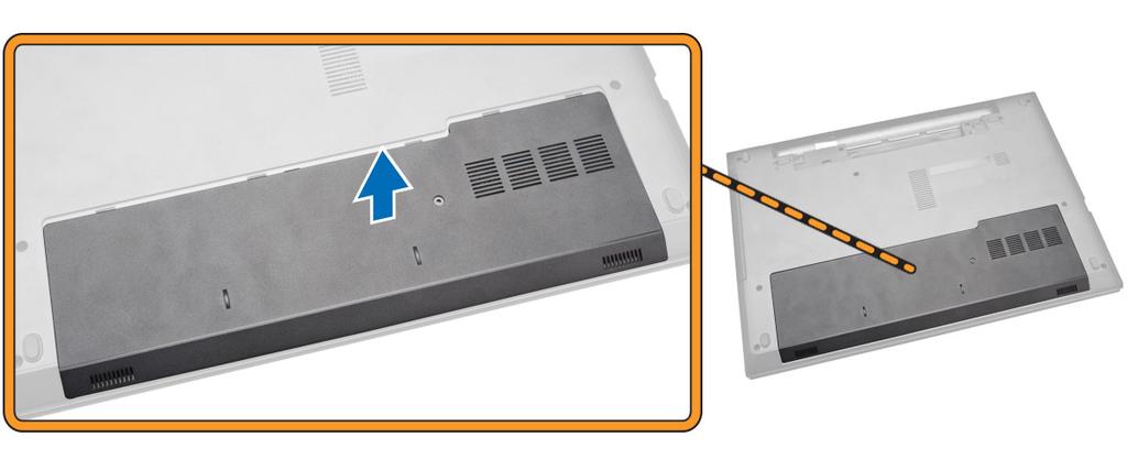 Inštalácia prístupového panela 1. Zasuňte prístupový panel do skrinky. 2. Utiahnite skrutku, ktorá drží prístupový panel v skrinke. 3. Nainštalujte batériu. 4.
