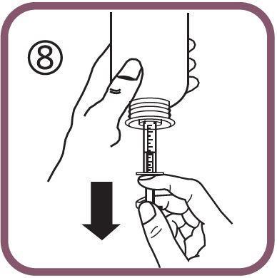 - Držte fľašku hore dnom v jednej ruke a druhú ruku použite na plnenie perorálnej striekačky. - Vyťahujte piest nadol, aby sa naplnila perorálna striekačka malým množstvom roztoku (obrázok 6).