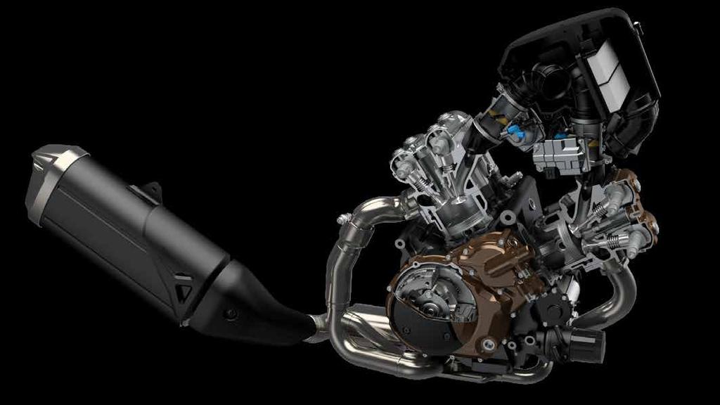 VÝKONNÝ MOTOR V-TWIN 9 Evolučný skok Motor V-twin sa neustále vyvíja. Vylepšený motor V-Twin Kvapalinou chladený DOHC 90 V-twin motor s objemom 1 037 cm 3 prešiel ďalšími inováciami.