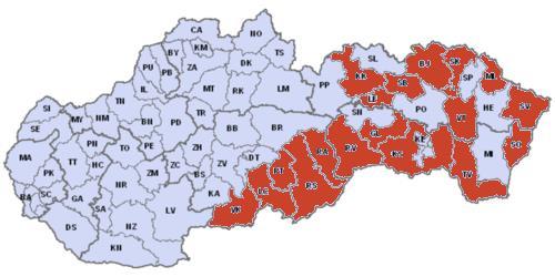 Obrázok č. 21: Geografická poloha najmenej rozvinutých okresov na Slovensku Zdroj: http://www.nro.vlada.gov.