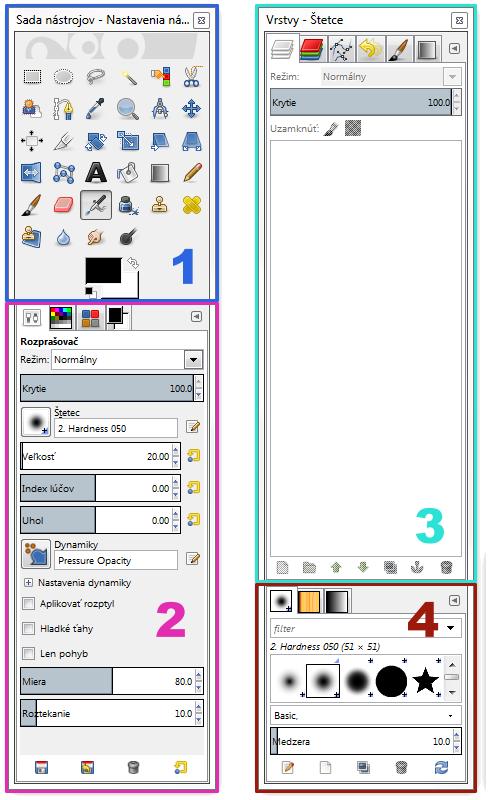 3 Používanie grafického editora Na začiatok je dobré upozorniť, že v praktických vysvetleniach práce s grafickým editorom Gimp je používané štandardné rozloženie viacerých okien, tak ako program