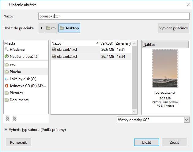 3.1.5 Uložiť obrázok na určené miesto na disku. Uložiť obrázok pod iným názvom na určené miesto na disku. Obrázok je možné uložiť do formátu.xcf.