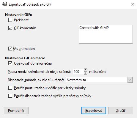 Vyberte SúborExport as (Exportovať ako) a v okne Exportovať obrázok si zvoľte formát.gif (poprípade pridajte alebo zmeňte koncovku ukladaného súboru na.gif v ponuke Názov hore).