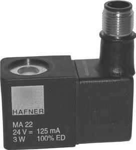 MA 30  ST 22 M12 Konektor s M 12x1 pripojením, ktorý je použiteľný so štandardnou Hafner cievkou MA 22. Konektor bez LED pre väčšiu flexibilitu. AC cievky sa dajú použiť na 50 Hz a 60 Hz.