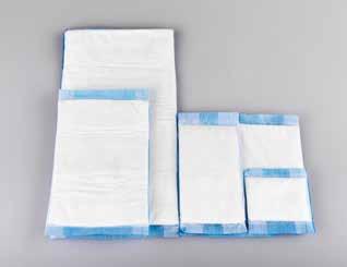 The highly absorbent swabs are made from wood pulp cotton core covered with nonwoven material in sizes from 10 x 10 cm to 20 x 40 cm. The blue layer indicates the outer side of swab.