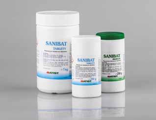 Dezinfekce / Disinfection SANIBAT chlórový granulát a šumivé tablety s baktericídnym, tuberkulocídnym, sporocídnym, virucídnym, fungicídnym a algicídnym účinkom.