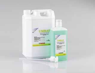 UNIBAT koncentrát bez obsahu aldehydov, fenolov a chlóru s baktericídnym a fungicídnym účinkom. Na čistenie a dezinfekciu veľkých vodeodolných povrchov. Efektívne pri nízkej koncentrácii roztoku.