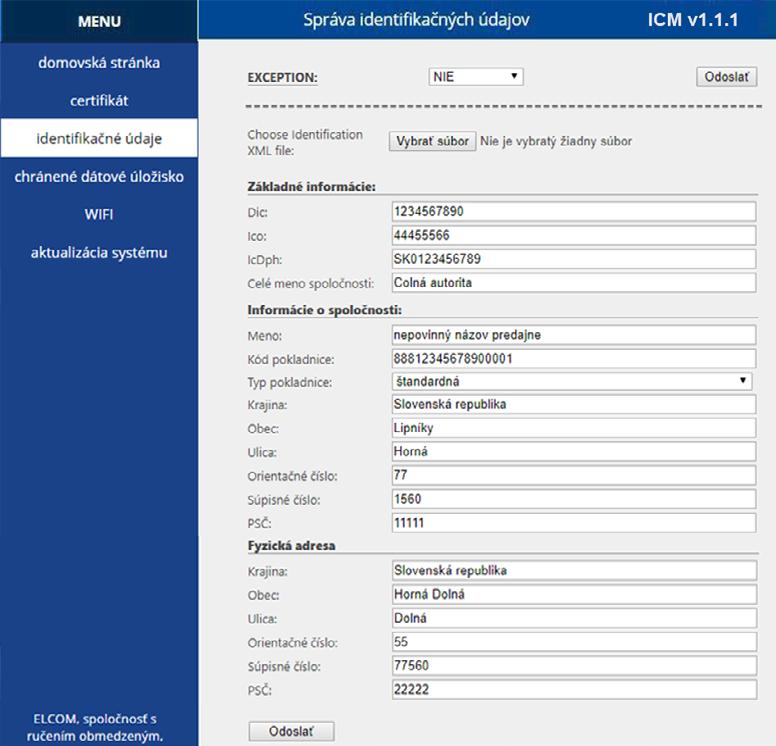 Programovanie pokladnice Ak zvolíte možnosť Identifikačné údaje z ľavého menu, tak sa zobrazí stránka s názvom Správa identifikačných údajov.