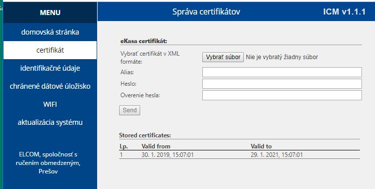Programovanie pokladnice Ak zvolíte možnosť Certifikát z ľavého menu, tak sa zobrazí stránka s názvom Správa certifikátov. Dané okno slúži na nahratie certifikačných údajov.