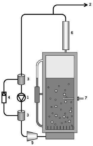 36 Schéma fotobioreaktora: (1) membránové čerpadlo; (2) plynový vak na zber vyprodukovaného plynu; (3) dve 1 L tlakové nádoby; (4) tlakový ventil; (5) hmotnostné prietokomery; (6) kondenzátor; (7) ph