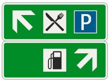 27. 378 Značka na odpočívadle informuje o smere jazdy k vyznačeným objektom služieb, k parkovacím miestam podľa druhu vozidiel alebo o smere jazdy z odpočívadla.