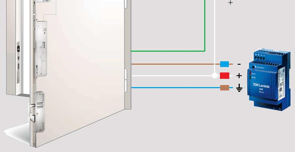 Označenie kábla pri výstupe z dverí Farba krúžku Farba kábla Funkcia + (plus) červená biela 24V DC (plus) - (mínus) modrá hnedá 24V DC (mínus) biela modrá uzemnenie Samostatné dvere s čítačkou