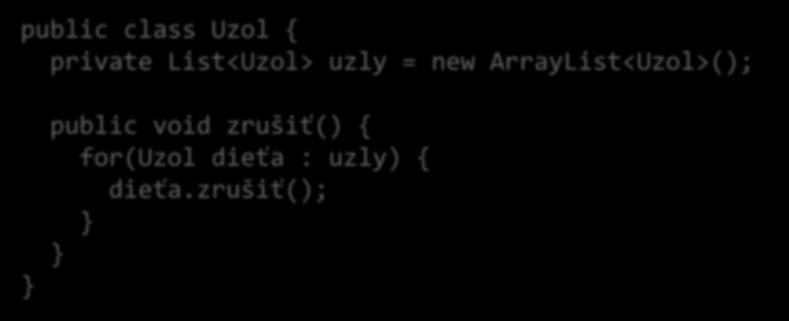 Kompozícia 1:M public class Uzol { private List<Uzol> uzly = new ArrayList<Uzol>(); public void