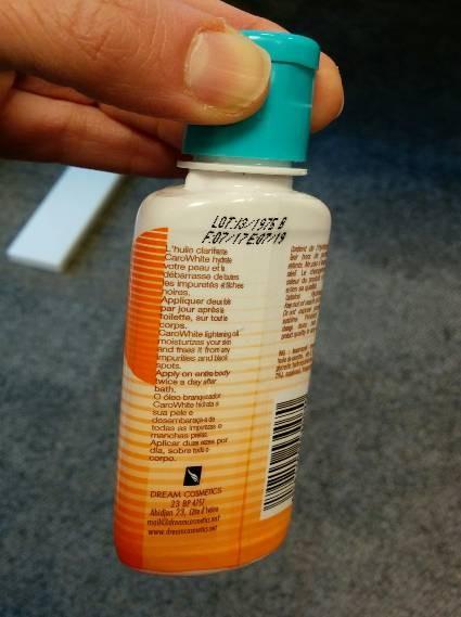 dovozca: PAK's Wholesale, United Kingdom popis: 50 ml, fľaša bielej a oranžovej farby s uzáverom tyrkysovej farby, viď obrázky Podľa zoznamu zložiek sa vo výrobku nachádza látka