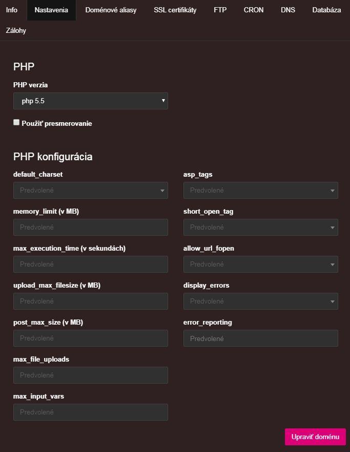 PHP PHP verzia V tejto časti si môžete nastaviť verziu