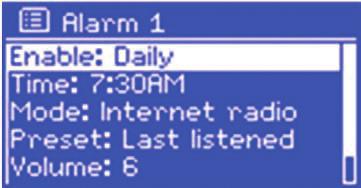 Čas budenia Režim: signál budíka, internetové rádio, DAB a FM Budenie s rádiom: Posledná počúvaná stanica alebo 1-10 Hlasitosť: 0 - max.