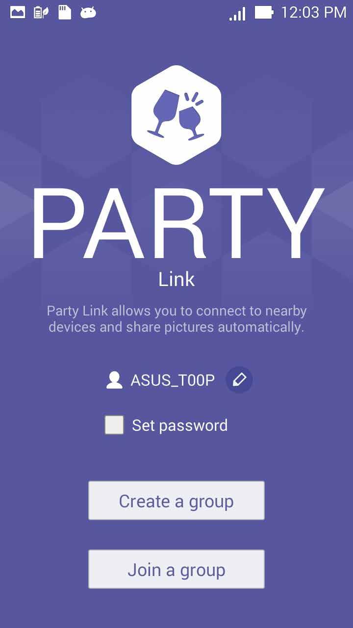 3. (voliteľná) Na domovskej obrazovke aplikácie Party Link nastavte nasledujúce položky: Ak chcete vytvoriť názov novej skupiny pre ASUS Phone, ťuknite na toto políčko.