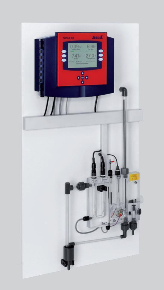 JESCO kontinuálne meranie kvality vody DCM Merací panel DCM po inštalácii regulátora TOPAX DX tvorí kompaktný merací panel so všetkými potrebnými armatúrami.