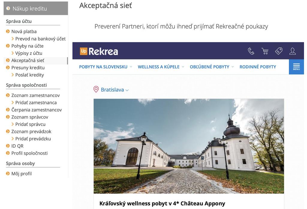 Akceptačná sieť - Partneri poskytujúci pobyty na Slovensku, ktorý prijímajú Rekreačné poukazy Up Rekrea Presuny kreditu - Aktuálny zoznam presunu