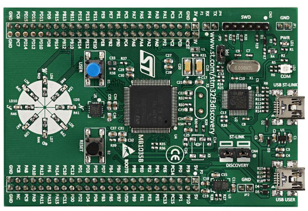 STM32F3DISCOVERY - STM32F303VCT6-256 KB FLASH, 48 KB SRAM, LQFP100 - ST-LINK/V2 PCB version A or B, ST-LINK/V2-B (+ VCP + MSD) for PCB version C and newer - user: 4x LED, 1x button - User USB with