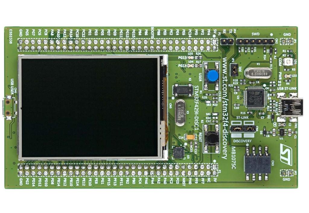 - 2.4" QVGA TFT LCD - 64-Mbit SDRAM - USB OTG FS with micro-ab connector - L3GD20, ST-MEMS motion