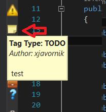 Súbory, ktoré obsahujú značky majú zobrazené ikony na ľavom okraji textového editora pre Visual Studio 2.