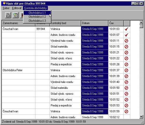SM2000 používateľská príručka Strana 21 Kontrola obchôdzok podľa preddefinovaných obchôdzkových trás Vo výpise na zamestnanca alebo na stredisko môžete vykonať kontrolu obchôdzok podľa predvolených