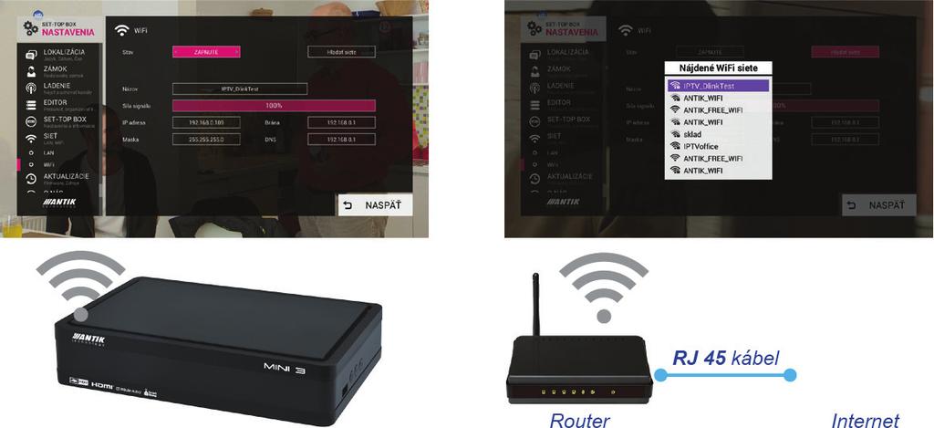ZAPOJENIE SET-TOP BOXU DO VAŠEJ WiFi SIETE Zabudovaná WiFi anténa je dostupná len pre vybrané modely set-top boxu. Možnosť dokúpenia externej WiFi antény.