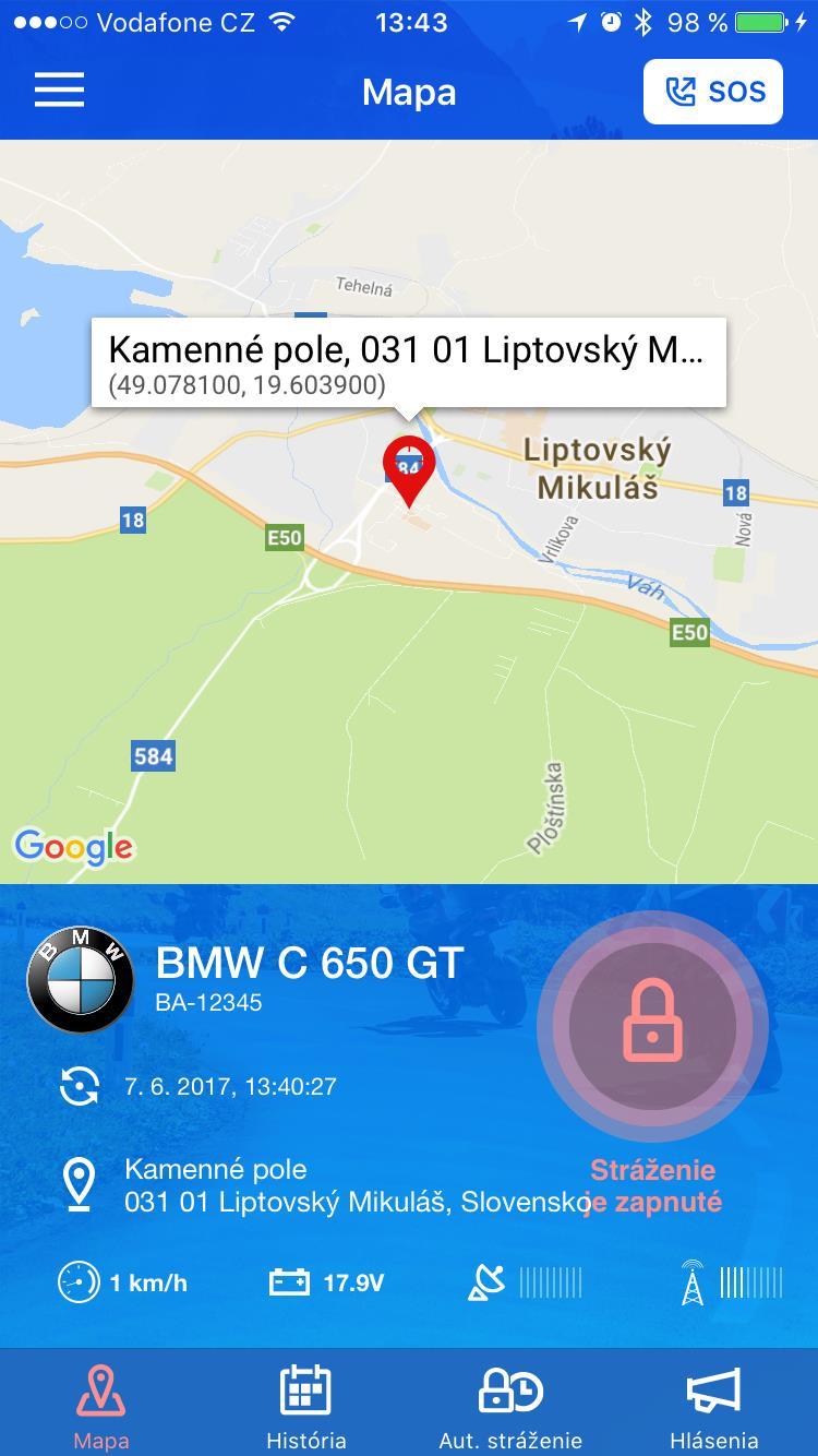 2. Úvodná obrazovka Mapa Po úspešnom prihlásení do aplikácie Moto Asist sa zobrazí úvodná obrazovka s mapou s aktuálnou (poslednou známou) polohou sledovaného vozidla.