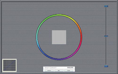 3. Optimalizácia obrazu Obrazovka kalibrácie prvej farby Ponuka Eco Power (Úsorné napájanie) Tlačidlo Previous (Predchádzajúci) je vypnuté až po zobrazenie obrazovky druhej