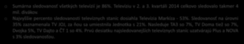 TELEVÍZNE STANICE - sledoval(a) včera o Sumárna sledovanosť všetkých televízií je 86%. Televíziu v 2. a 3. kvartáli 214 celkovo sledovalo takmer 4 mil. divákov.