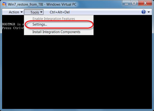 Obrázek: Vstup do nastavení VM vo Virutal PC Pripojenie ISO