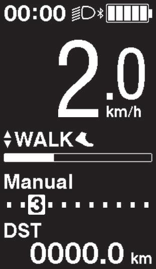 PREVÁDZKA A NASTAVENIE Asistenčný režim pre chôdzu Prevádzka asistenčného režimu pre chôdzu Pred prevádzkou pevne uchopte riadidlo a skontrolujte okolie.