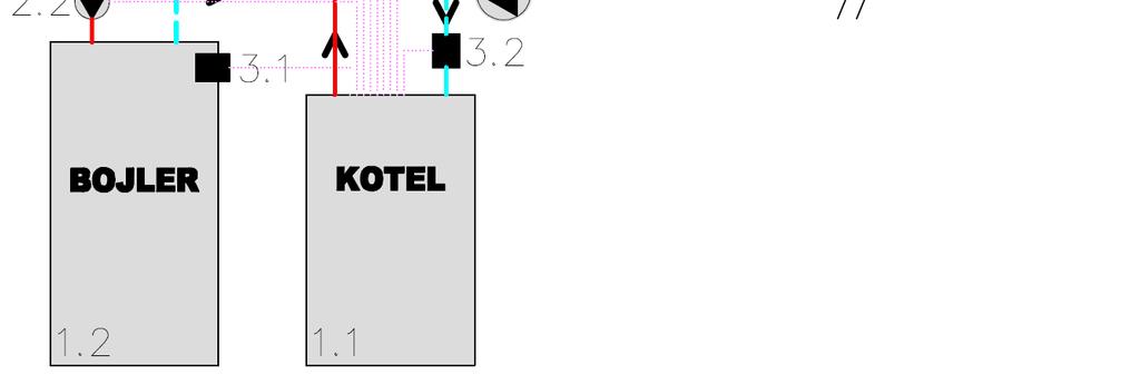 22.3 - - B - - schéma zapojenia LEGENDA : kotol bojler (nie je súčasťou dodávky) 2.1 čerpadlo primárneho okruhu (nie je súčasťou dodávky) 2.2 čerpadlo TUV (nie je súčasťou dodávky) 2.