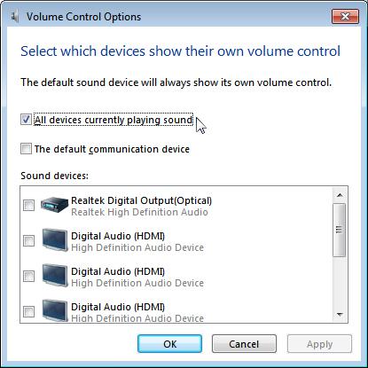 Zvoľte možnosť Volume control (Ovládanie hlasitosti).