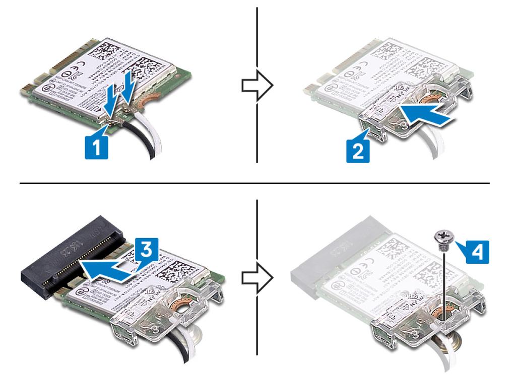 5 Zaskrutkujte skrutku, ktorá drží konzolu bezdrôtovej karty a bezdrôtovú kartu na systémovej doske. 6 Umiestnite kryt karty bezdrôtovej komunikácie na hornú stranu karty bezdrôtovej komunikácie.