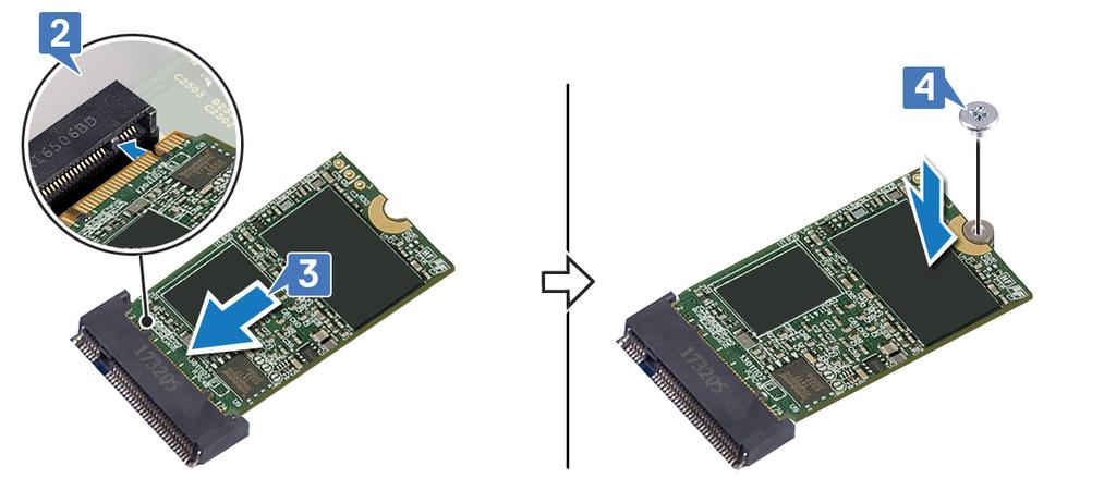 4 Zatlačte druhý koniec jednotky SSD/pamäte Intel Optane a zaskrutkujte späť skrutku (M2x3), ktorá upevňuje jednotku SSD/pamäť Intel