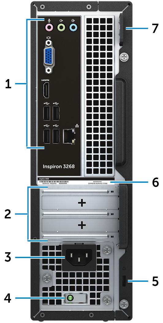 Zadná strana 1 Zadný panel Pripojenie USB, audio, video a iných zariadení. 2 Zásuvky pre rozširujúce karty Poskytujú prístup k portom na akejkoľvek nainštalovanej karte PCI Express.