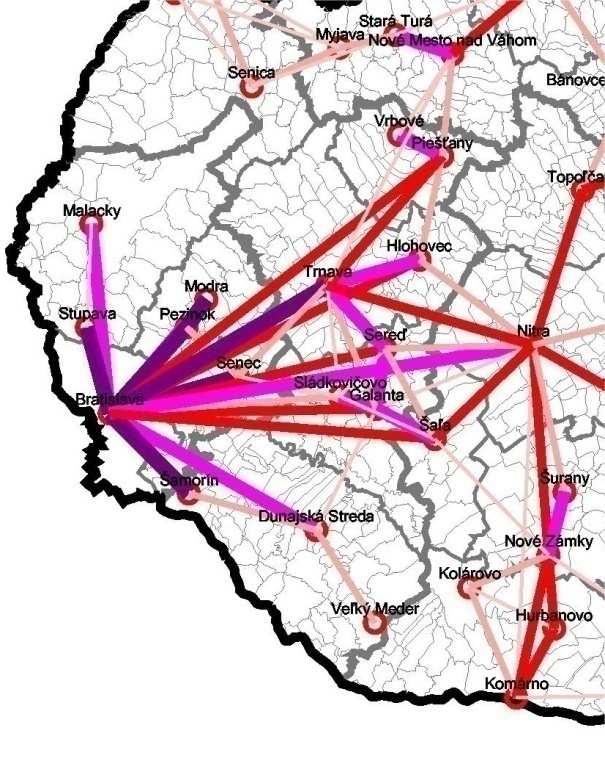 Smerovanie dochádzky za prácou v bratislavskom ťažisku osídlenia v rokoch 1991 a 2001 Kooperačné a aglomeračné vzťahy medzi centrami v sídelnom systéme