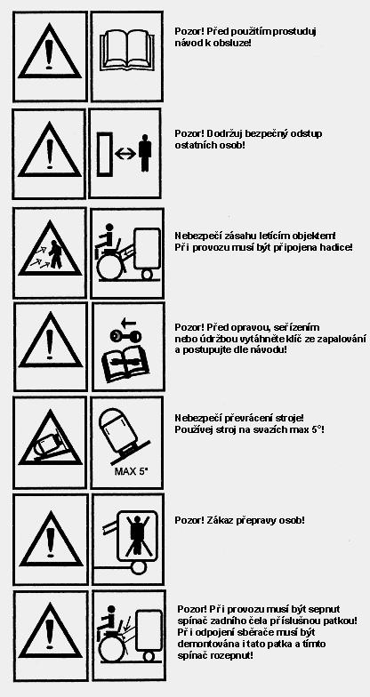 Bezpečnostné symboly použité na zberači lístia Pozor! Před použitím preštuduj návod na použitie! Pozor! Dodržuj bezpečný odstup ostatných osôb! Nebezpečie zásahu letiacim predmetom.
