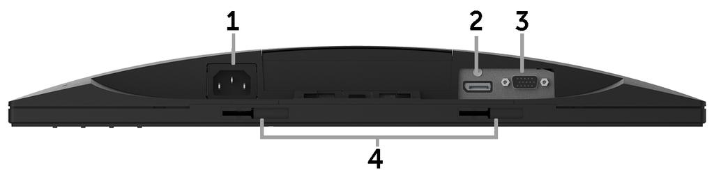 Pohľad zdola Štítok Popis Použitie 1 Sieťový napájací Slúži na pripojenie napájacieho kábla monitora. konektor 2 Konektor Displayport Slúži na pripojenie počítača k monitoru pomocou kábla Displayport.