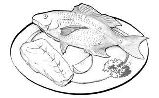 Ryby 150g Grilovaný čerstvý pstruh pečený na grile s ružičkou bylinkového masla, plnený bylinkami (za daľších 10g účtujeme + 0,30 ) (7) 5.