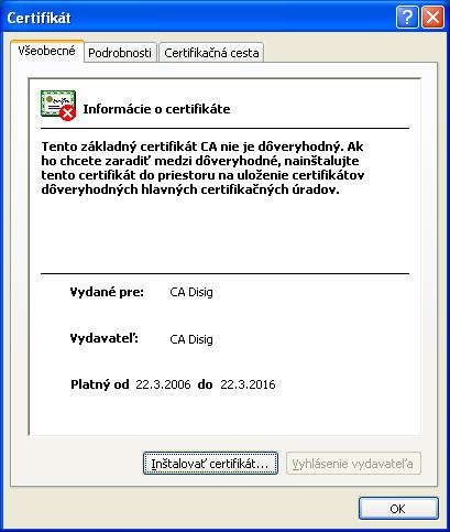 Inštalácia osobného certifikátu 4. Otvorí sa okno s informáciami o certifikáte.